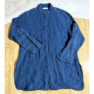 Jaeger Blue‎ Shinny Button Down Pleated 100% Linen Blouse Long Sleeve Size Small